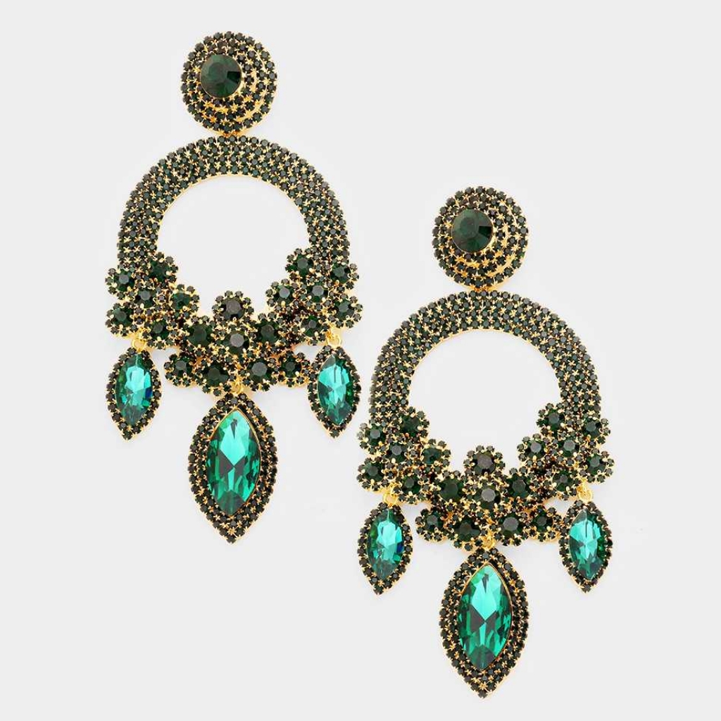 Emerald Green Flower Oversized Dangle Earrings Big Crystal Statement Jewelry